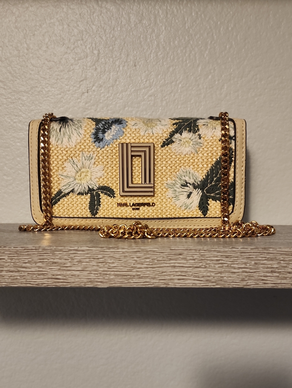 Karl Lagerfeld Yellow Floral Straw Crossbody with Gold Chain